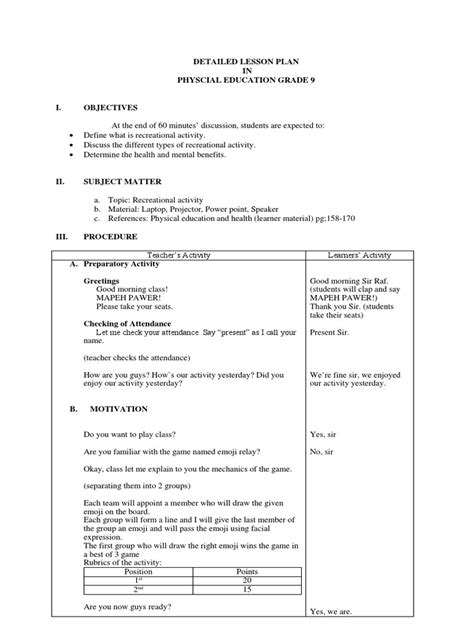 active recreation lesson plan grade 9|Detailed Lesson Plan in P.E. (Recreational Activities) .